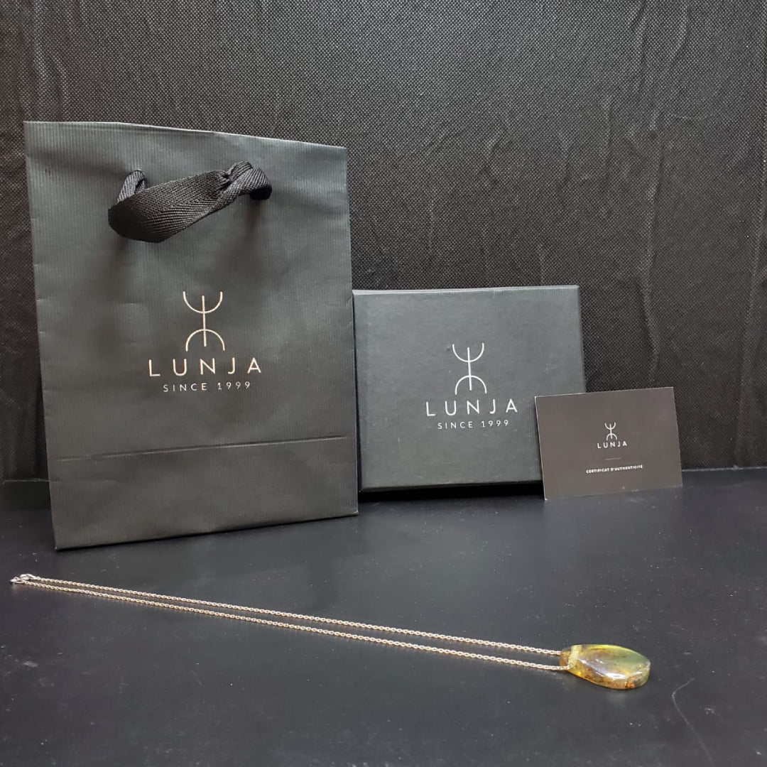 Collier en Argent 925 avec Pendentif en Ambre Naturelle à inclusions d'insectes