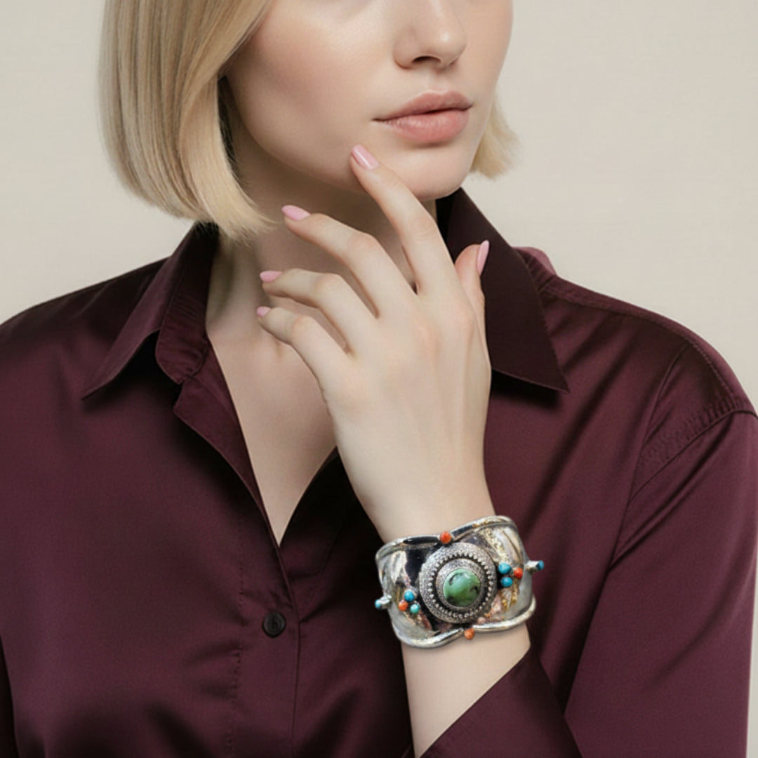 Bracelet jonc en argent 925 avec Turquoise et corail