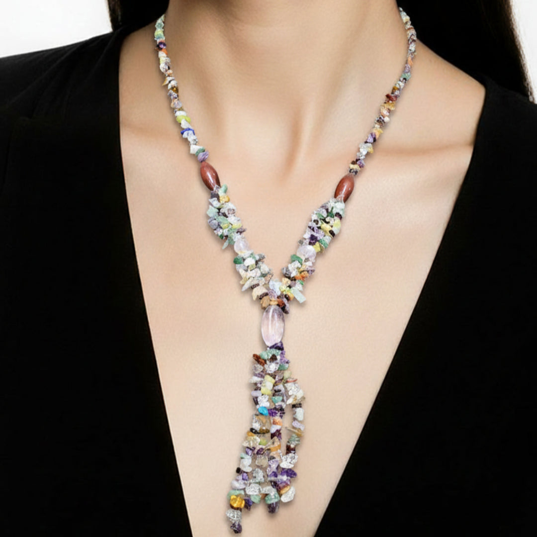 Collier Sautoir en Pierres Naturelles avec Jaspe Rouge ; Quartz Rose  60 cm