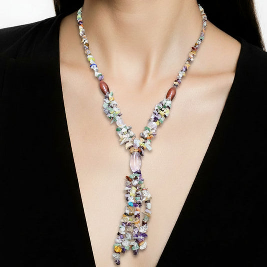 Collier Sautoir en Pierres Naturelles avec Jaspe Rouge ; Quartz Rose  60 cm