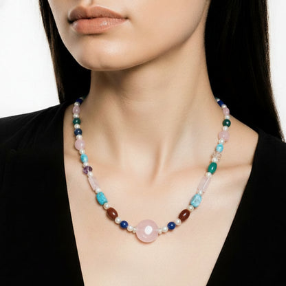 Collier Sautoir en Perles de Culture et Pierres Naturelles  Fluorite, Quartz Rose, Cornaline