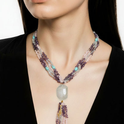 Collier Sautoir en Pierres Naturelles  Citrine, Améthyste, Cristal de Roche, Amazonite et Agate  Certifié et Authentique