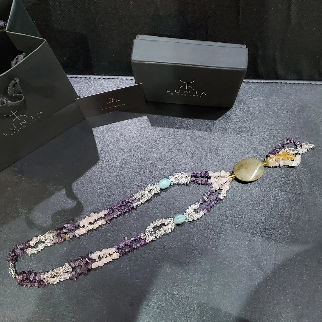 Collier Sautoir en Pierres Naturelles  Citrine, Améthyste, Cristal de Roche, Amazonite et Agate  Certifié et Authentique