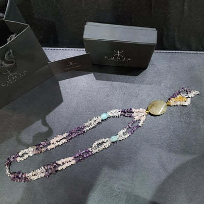 Collier Sautoir en Pierres Naturelles  Citrine, Améthyste, Cristal de Roche, Amazonite et Agate  Certifié et Authentique