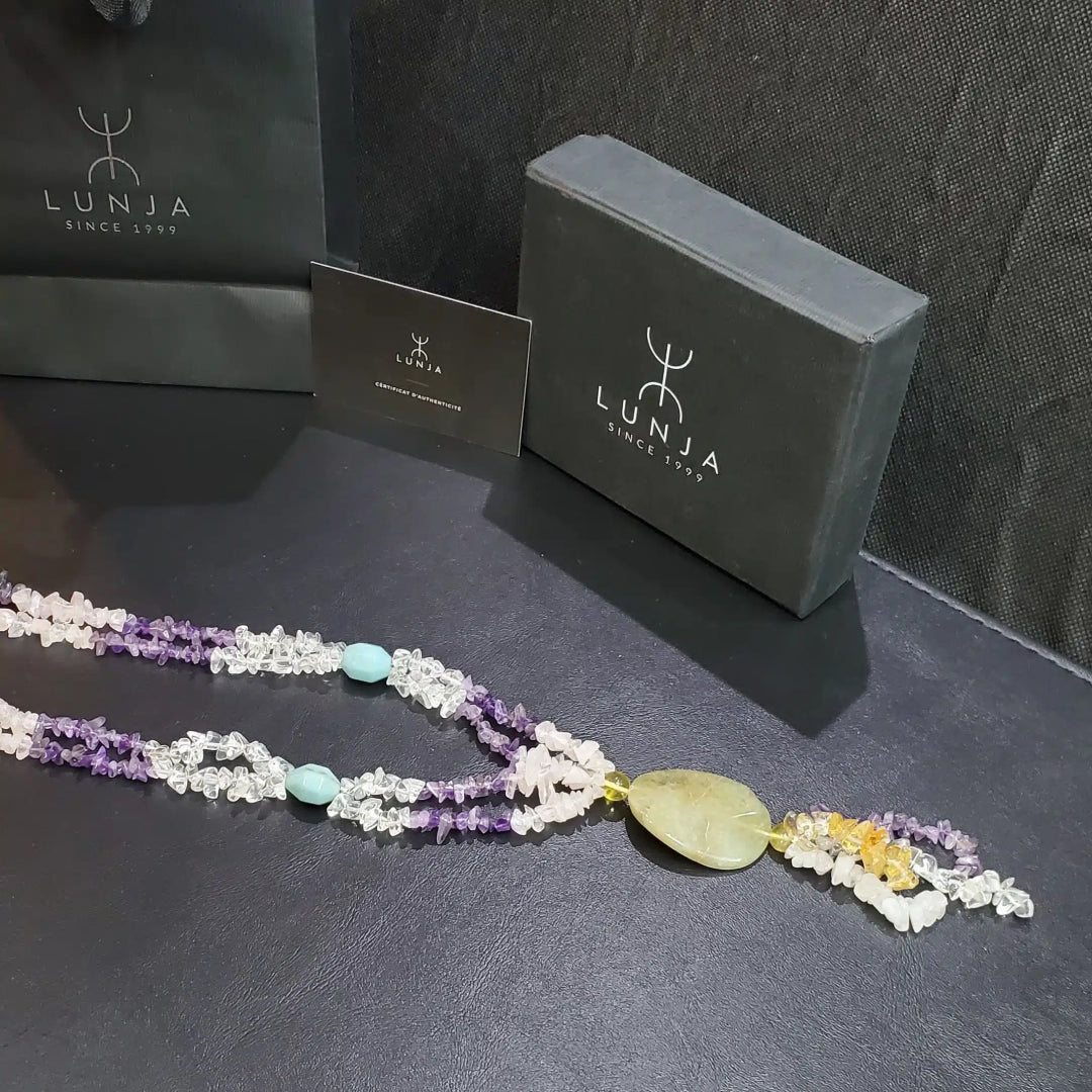 Collier Sautoir en Pierres Naturelles  Citrine, Améthyste, Cristal de Roche, Amazonite et Agate  Certifié et Authentique