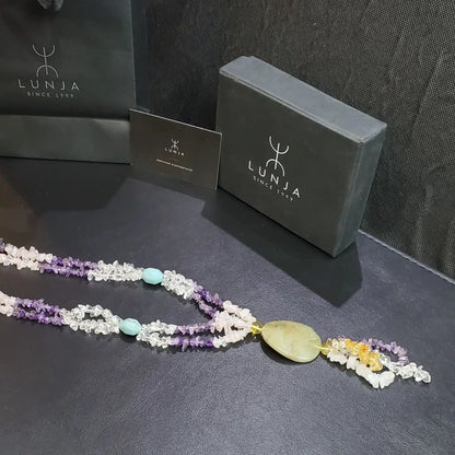 Collier Sautoir en Pierres Naturelles  Citrine, Améthyste, Cristal de Roche, Amazonite et Agate  Certifié et Authentique