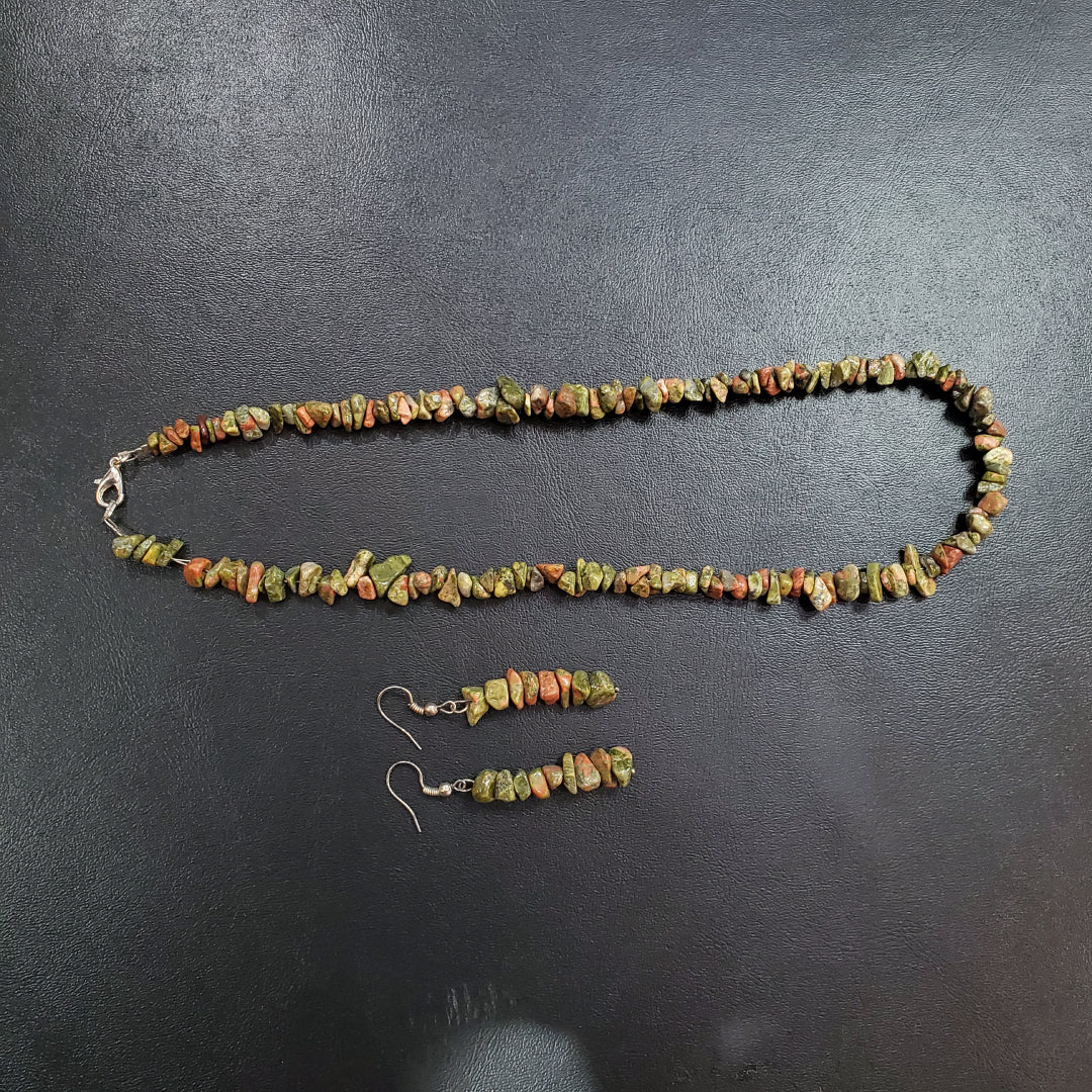 Collier et boucles d’oreilles en pierres naturelles Unakite avec Argent massif