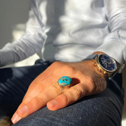 Bague Homme en Argent 925 avec Pierre Turquoise Bleue d’Iran – Fait Main – Taille 60 – Certifiée