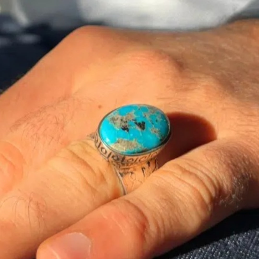 Bague Homme en Argent 925 avec Pierre Turquoise Bleue d’Iran – Fait Main – Taille 60 – Certifiée