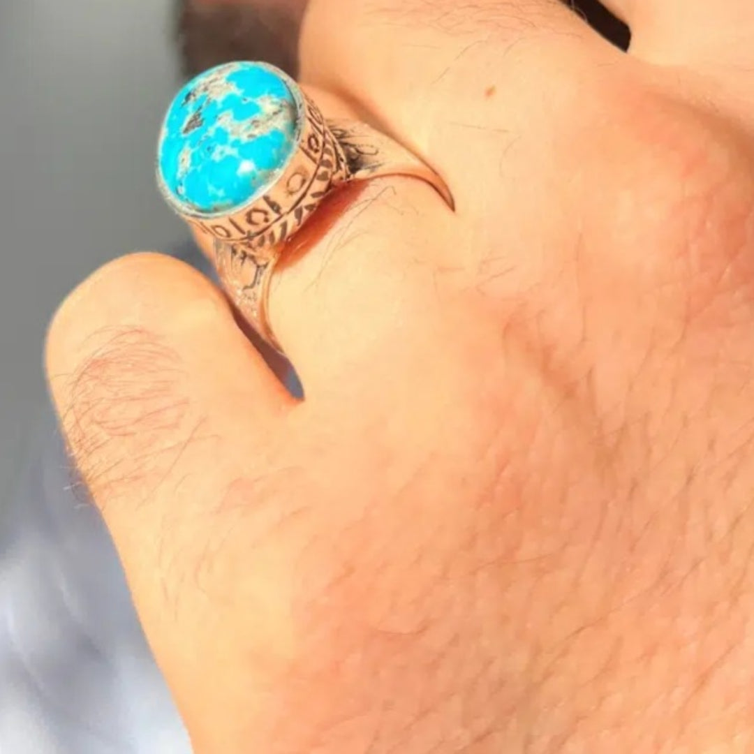 Bague Homme en Argent 925 avec Pierre Turquoise Bleue d’Iran – Fait Main – Taille 60 – Certifiée