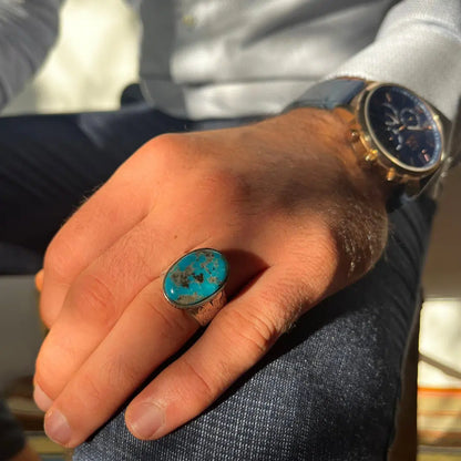 Bague Homme en Argent 925 avec Pierre Turquoise Bleue d’Iran – Fait Main – Taille 60 – Certifiée