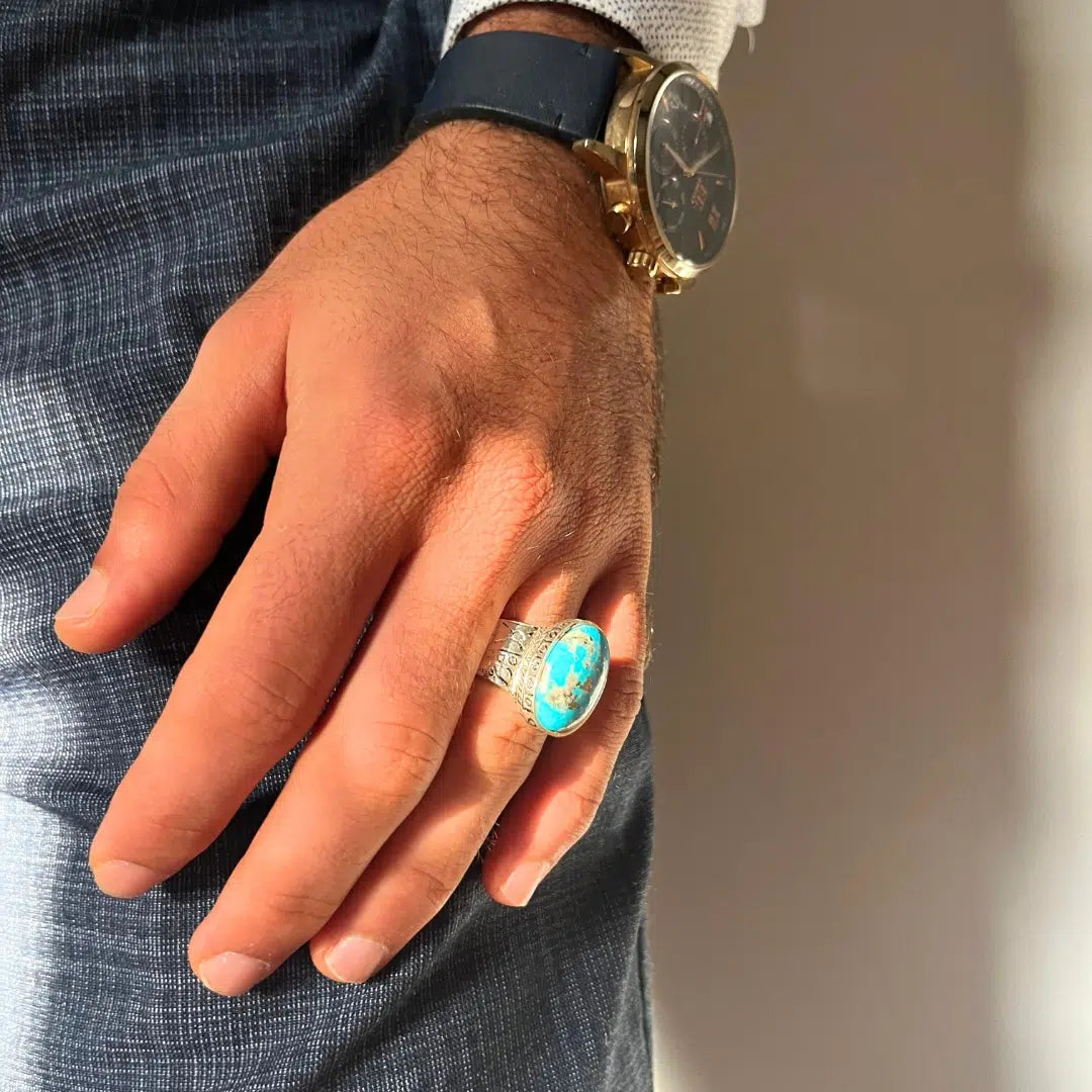 Bague Homme en Argent 925 avec Pierre Turquoise Bleue d’Iran – Fait Main – Taille 60 – Certifiée