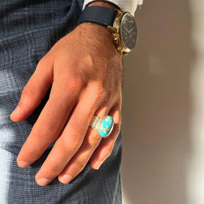 Bague Homme en Argent 925 avec Pierre Turquoise Bleue d’Iran – Fait Main – Taille 60 – Certifiée