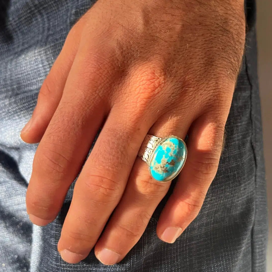 Bague Homme en Argent 925 avec Pierre Turquoise Bleue d’Iran – Fait Main – Taille 60 – Certifiée