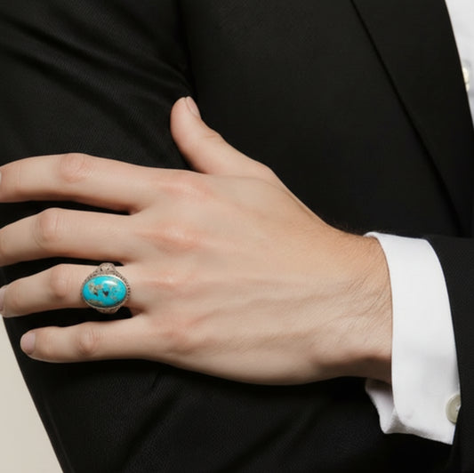 Bague Homme en Argent 925 avec Pierre Turquoise Bleue d’Iran – Fait Main – Taille 60 – Certifiée