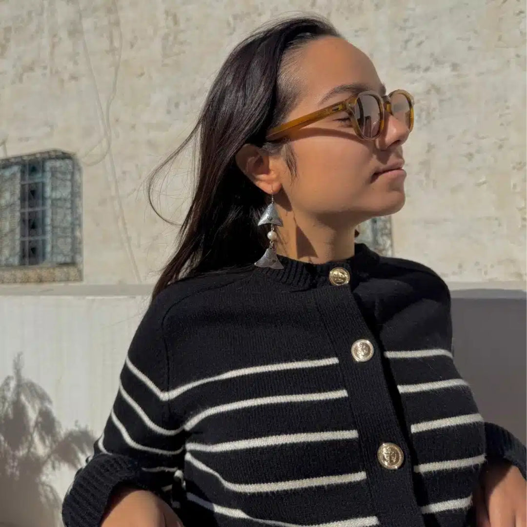 Boucles d'oreilles avec pendentifs poissons en argent 925 et perles de culture