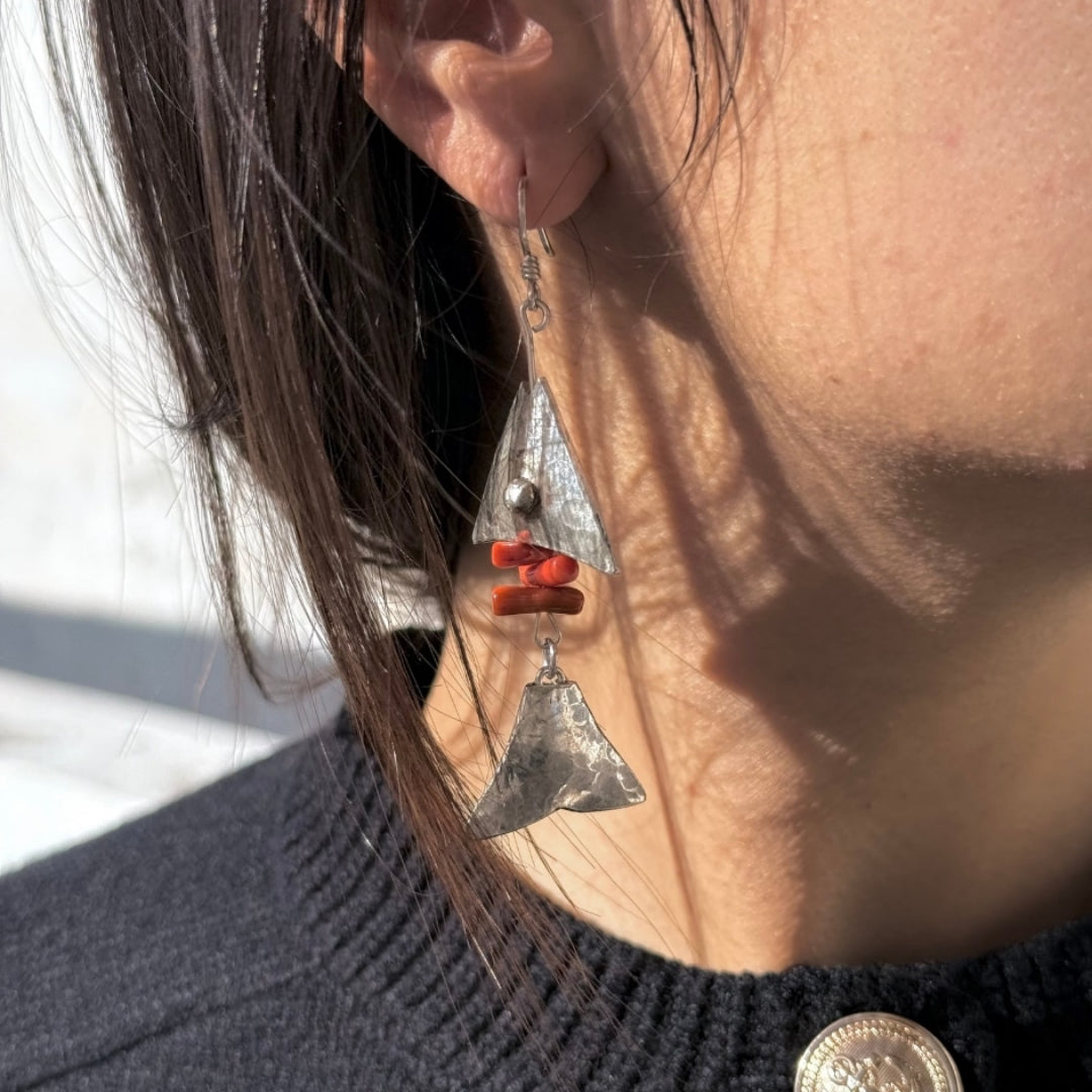 Boucles d'oreilles en argent 925 et corail rouge naturelle
