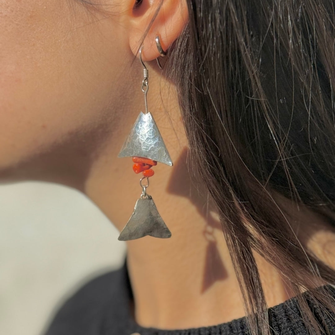 Boucles d'oreilles en argent 925 et corail rouge naturelle