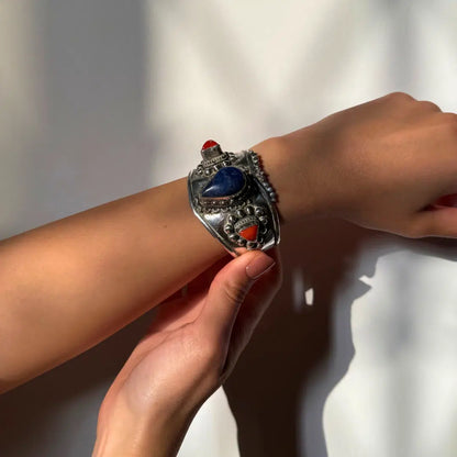 Bracelet Jonc en argent 925 avec Lapis-Lazuli et Corail