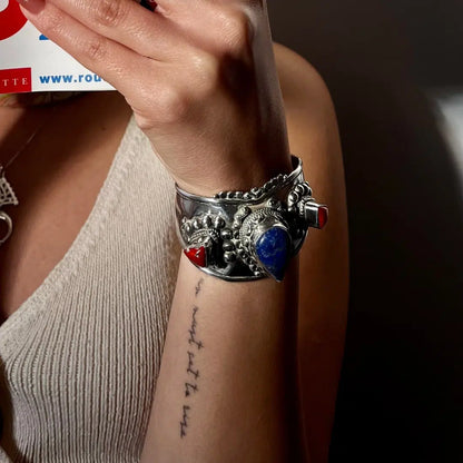 Bracelet Jonc en argent 925 avec Lapis-Lazuli et Corail