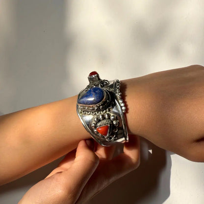 Bracelet Jonc en argent 925 avec Lapis-Lazuli et Corail