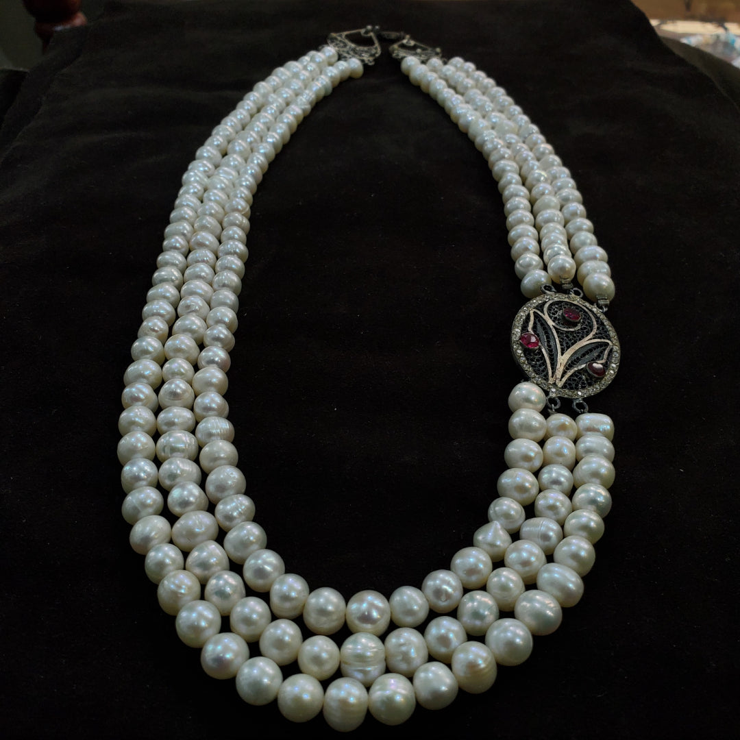 Collier Sautoir 3 Rangées en perles de culture Blanches et argent 925