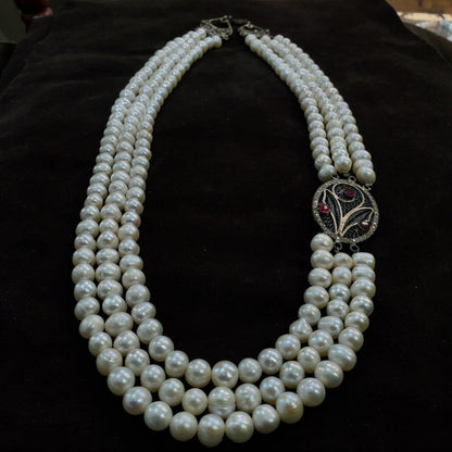 Collier Sautoir 3 Rangées en perles de culture Blanches et argent 925