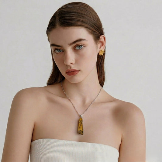 Collier en Argent 925 avec Pendentif grand  en Œil de Tigre Naturel