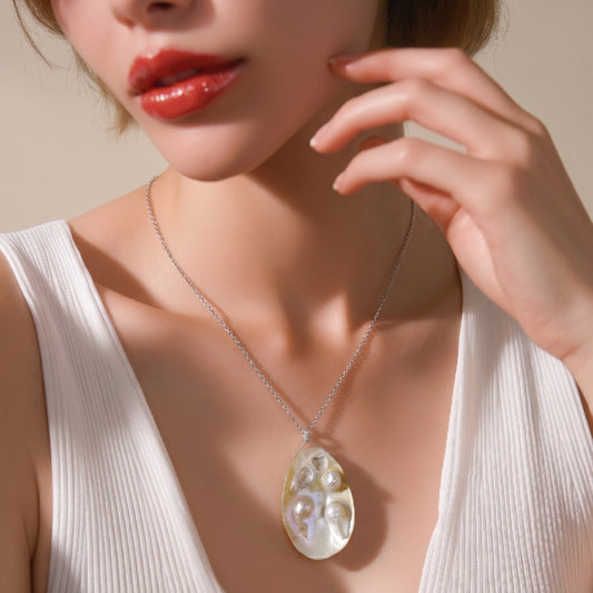 Collier en Argent 925 et Pendentif en Nacre Naturelle Large