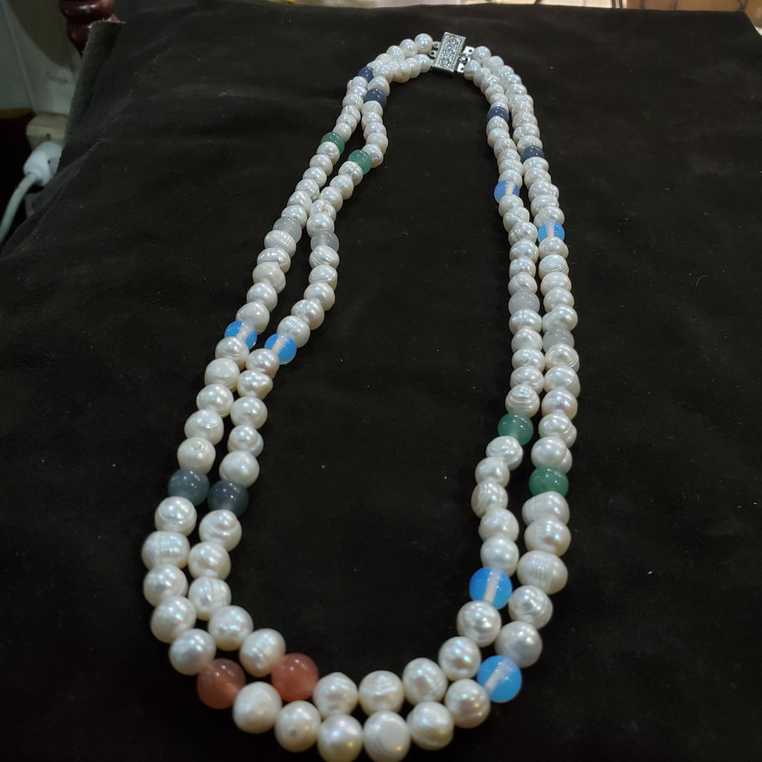 Collier Sautoir 2 rangées en Perles de Culture Blanches Naturelles
