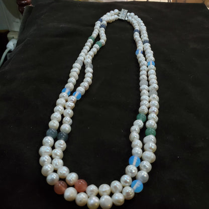 Collier Sautoir 2 rangées en Perles de Culture Blanches Naturelles