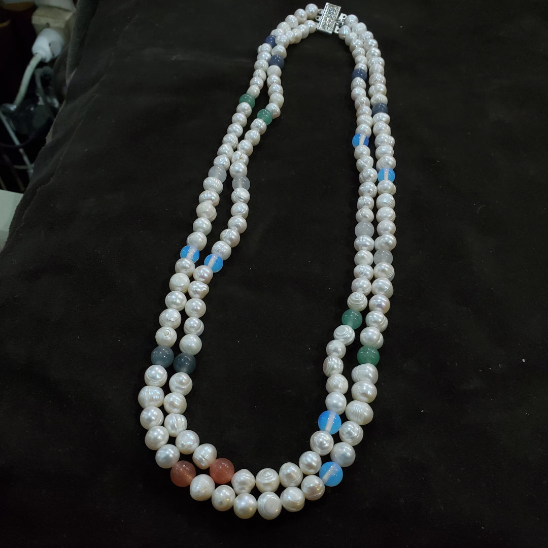 Collier Sautoir 2 rangées en Perles de Culture Blanches Naturelles