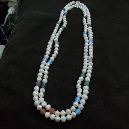 Collier Sautoir 2 rangées en Perles de Culture Blanches Naturelles