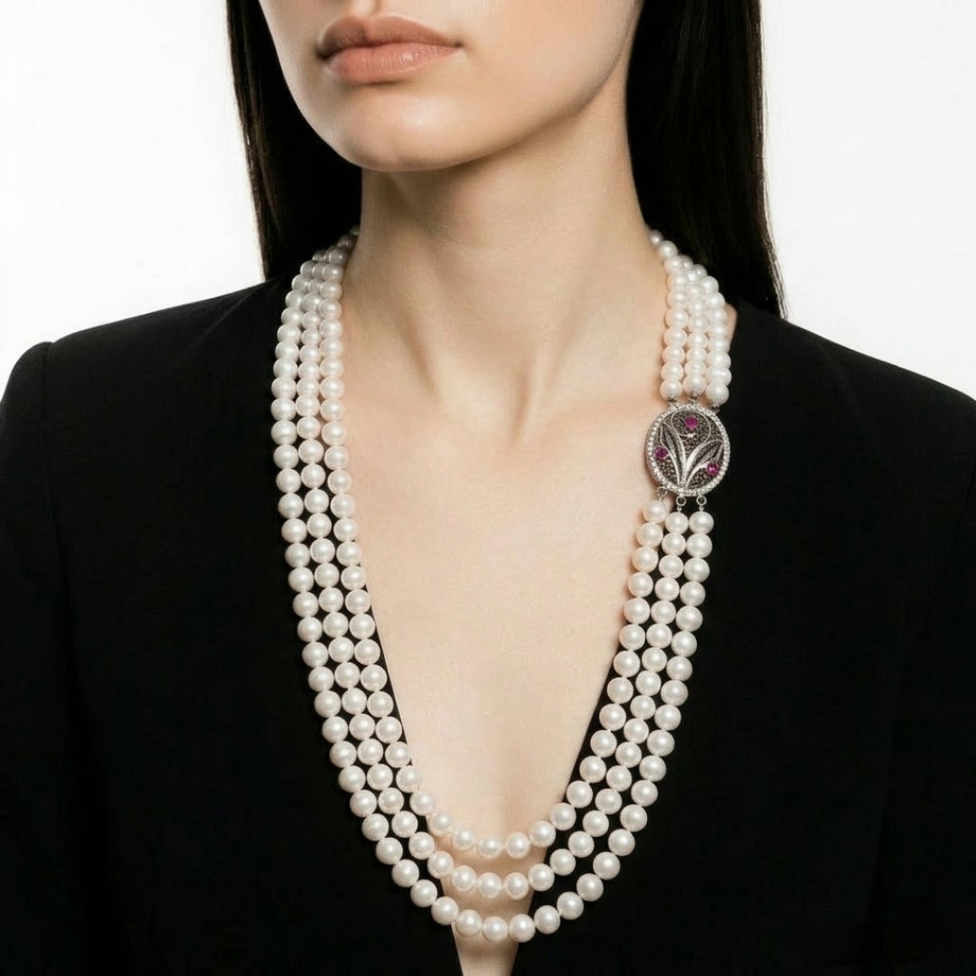 Collier Sautoir 3 Rangées en perles de culture Blanches et argent 925