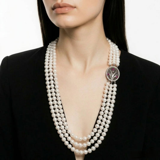 Collier Sautoir 3 Rangées en perles de culture Blanches et argent 925