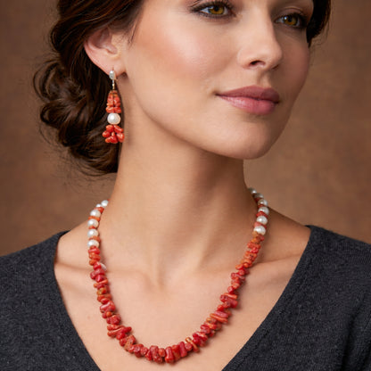 Parure Collier et Boucles d’Oreilles en Corail Naturel et Perles de Culture Authentique