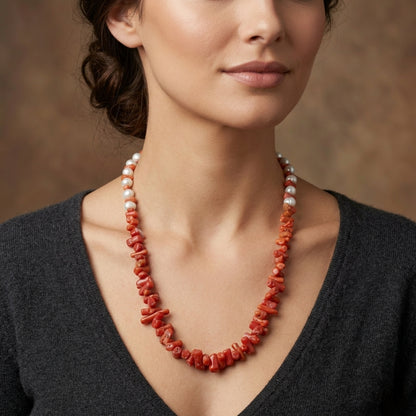 Collier en Corail Tunisien Naturel et Perles de Culture Blanches