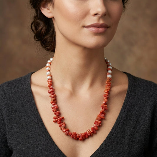 Collier en Corail Tunisien Naturel et Perles de Culture Blanches