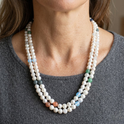 Collier Sautoir 2 rangées en Perles de Culture Blanches Naturelles