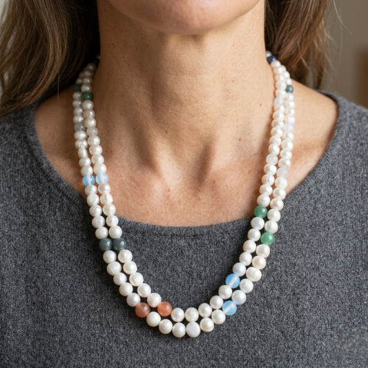 Collier Sautoir 2 rangées en Perles de Culture Blanches Naturelles
