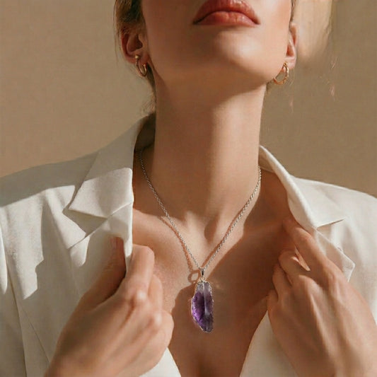 Collier en Argent 925 avec Pendentif en pierre Améthyste Naturelle grande