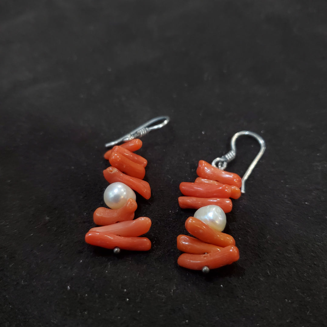 Parure Collier et Boucles d’Oreilles en Corail Naturel et Perles de Culture Authentique