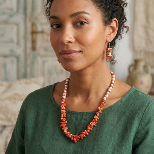 Parure Collier et Boucles d’Oreilles en Corail Naturel et Perles de Culture Authentique