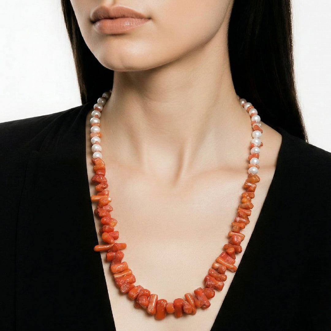 Parure Collier et Boucles d’Oreilles en Corail Naturel et Perles de Culture Authentique
