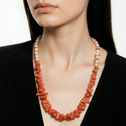 Parure Collier et Boucles d’Oreilles en Corail Naturel et Perles de Culture Authentique