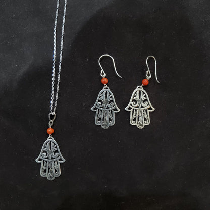 Collier Amazigh Khomsa et Boucles d’Oreilles en Argent 925 avec Corail Naturel