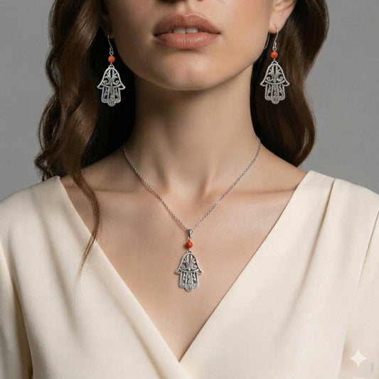 Collier Amazigh Khomsa et Boucles d’Oreilles en Argent 925 avec Corail Naturel