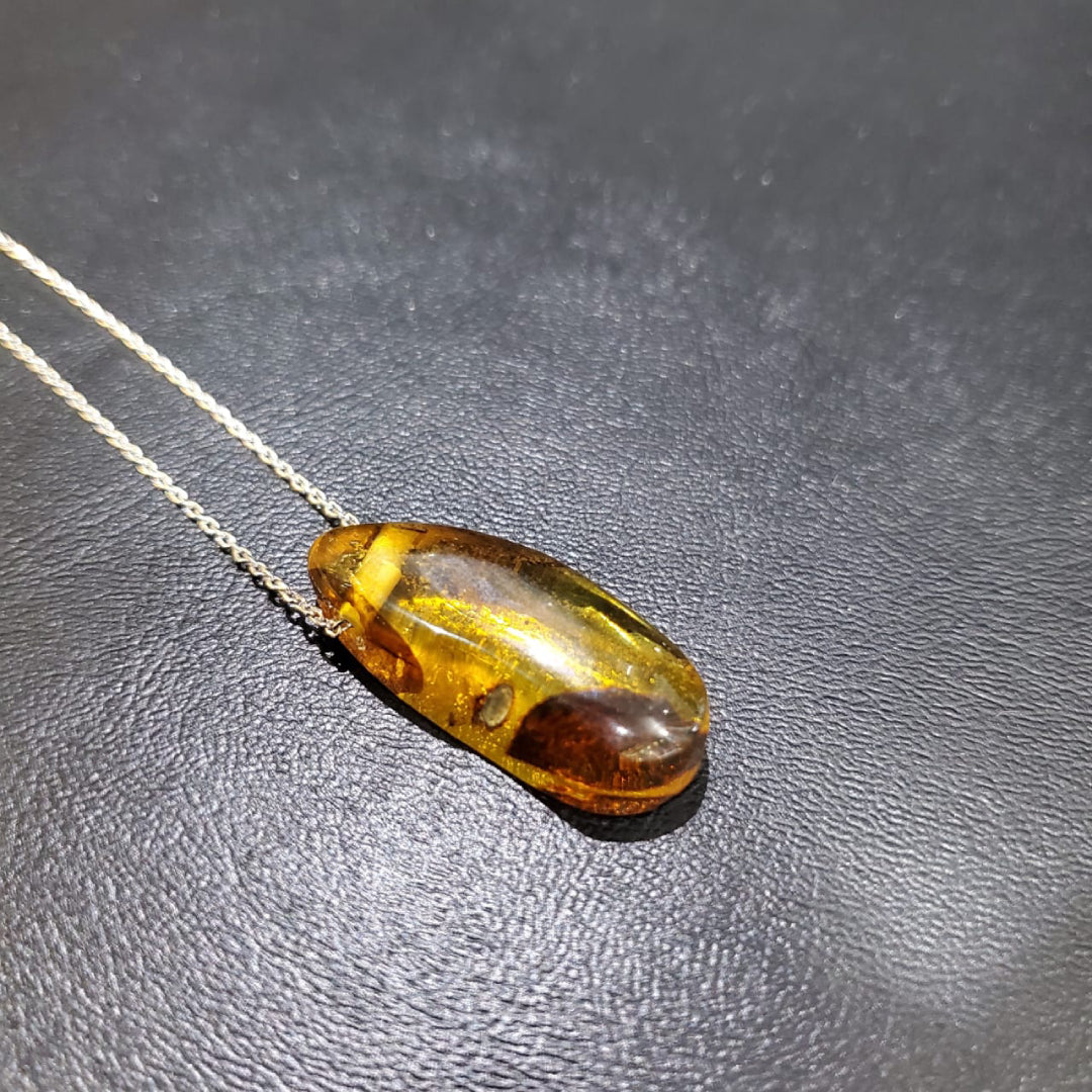 Collier en Argent 925 avec Pendentif en Ambre Naturelle à inclusions d'insectes