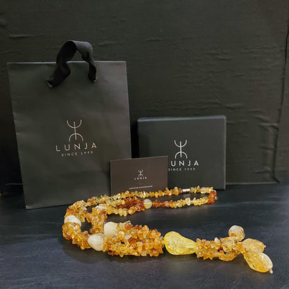 Collier sautoir en quartz hématoïde, citrine & ambre (70 cm)