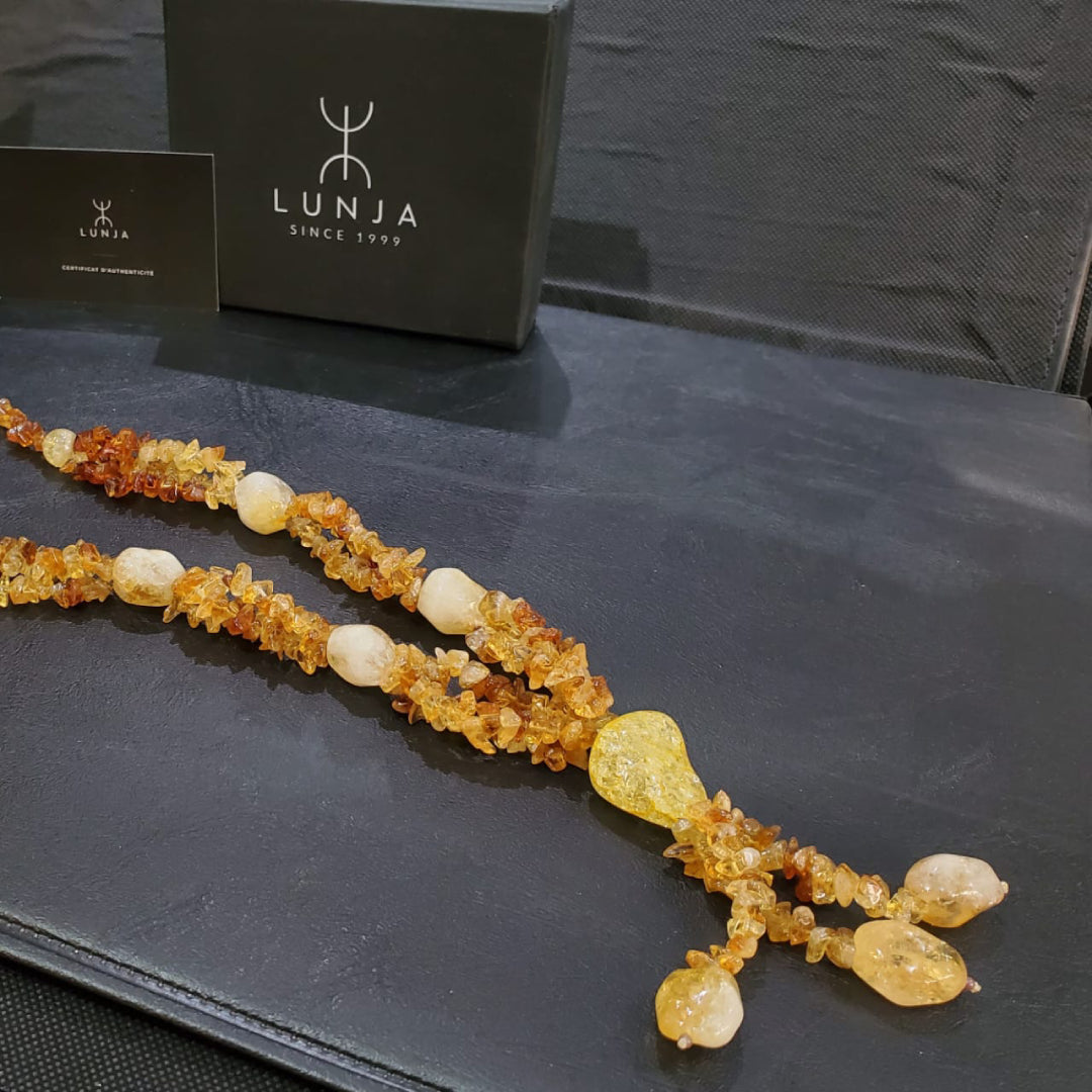 Collier sautoir en quartz hématoïde, citrine & ambre (70 cm)